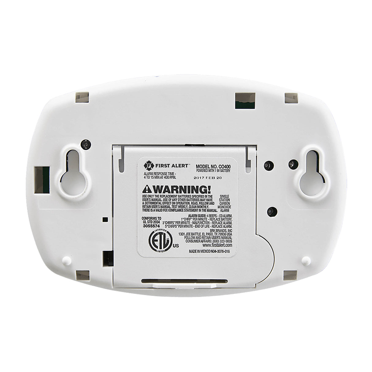 CO400 Battery Operated Carbon Monoxide Alarm - Back