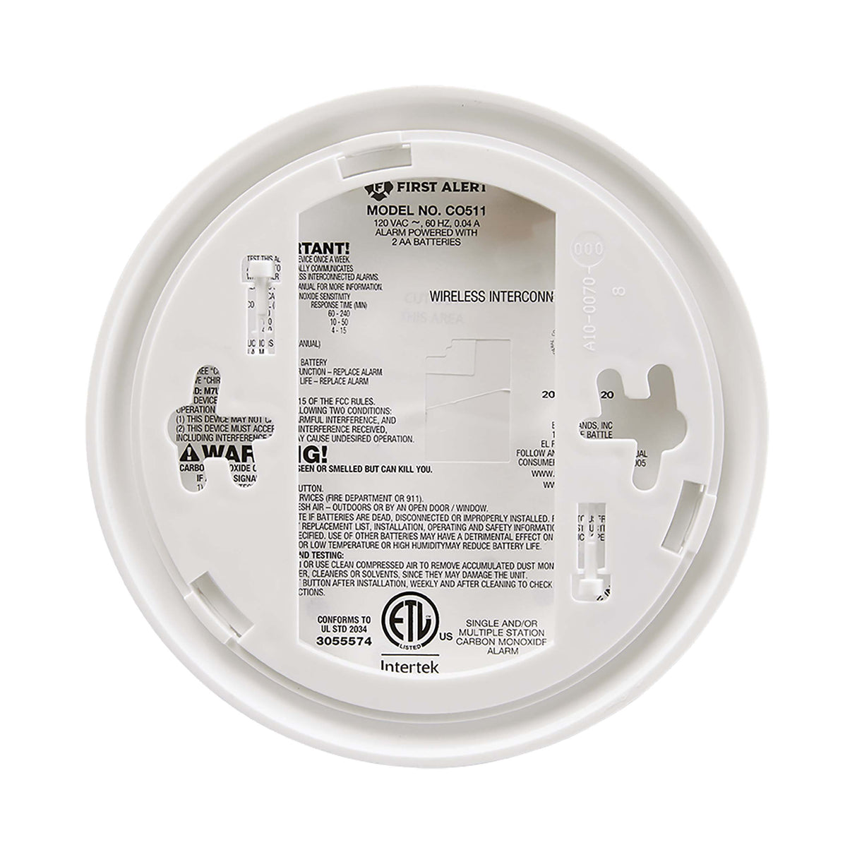 CO511B Wireless Interconnected Carbon Monoxide Alarm with Voice Location - Back