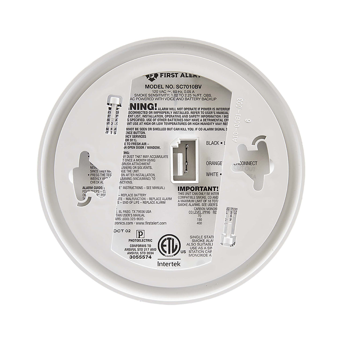 SC7010BV Hardwired Smoke and Carbon Monoxide Alarm with Voice Location - Back