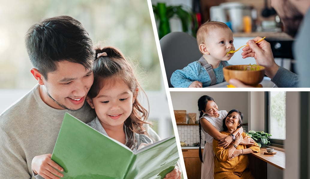 collage of people, adult reading book to a child, an adult feeding a baby out of a wooden bowl with a spoon, two women hugging