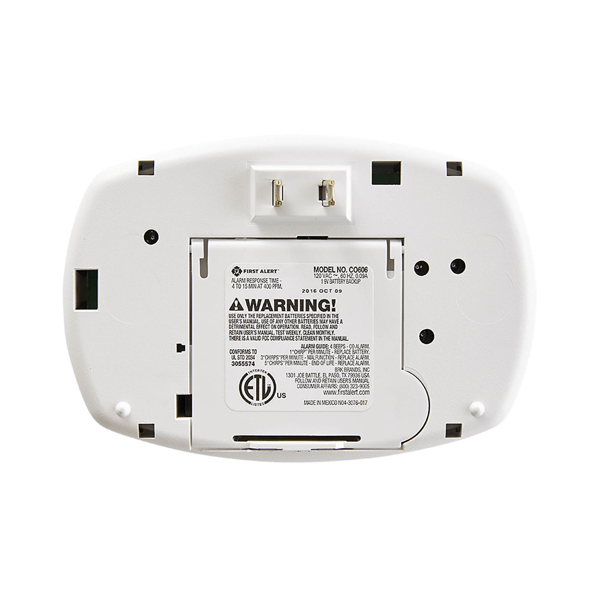 CO605 Carbon Monoxide Plug-in Alarm with Battery Backup - Back
