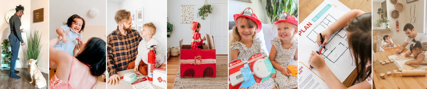 A collage of photos featuring: A person and their dog; a mother and her infant daughter; a father and his young son; a child dressed as a firefighter and playing a box made up to look like a firetruck; two young girls wearing plastic firefighter hats and holding unopened First Alert safety products; a young girl draws a fire escape plan for her home; a father and his two children baking pastries in the kitchen.