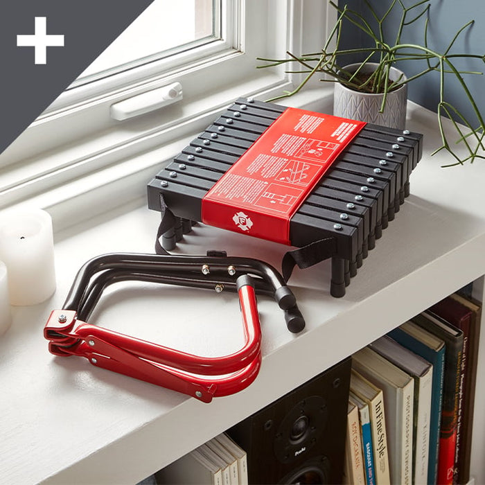 Emergency portable ladder near a window on a bookshelf